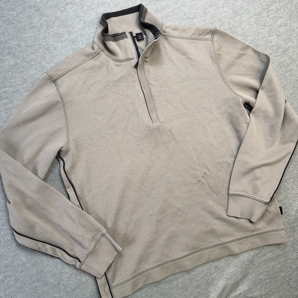 Hugo BOSS Sweater Mens Large Beige Taupe 1/4 Zip Knit‎ Cotton Pullover Jumper